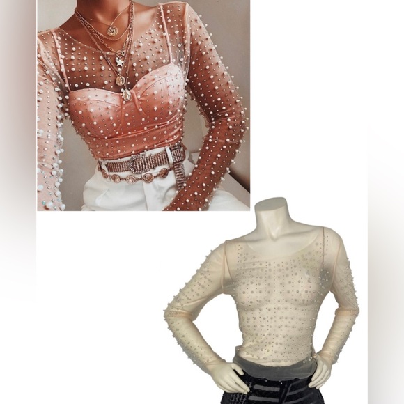FASHION CLASSIC COLLECTION Nude Sheer Mesh See Through Pearl Diamond Crop Top, L - Picture 2 of 16